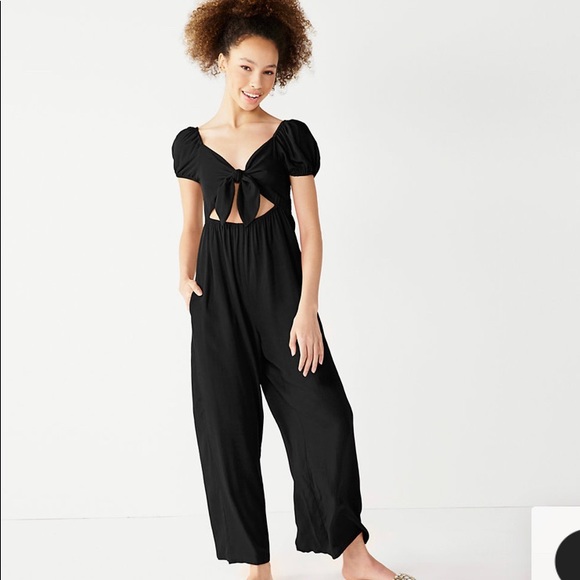 WOMENS Black XL Kohl’s tie front, puff sleeve, jumpsuit with pockets - Picture 1 of 6